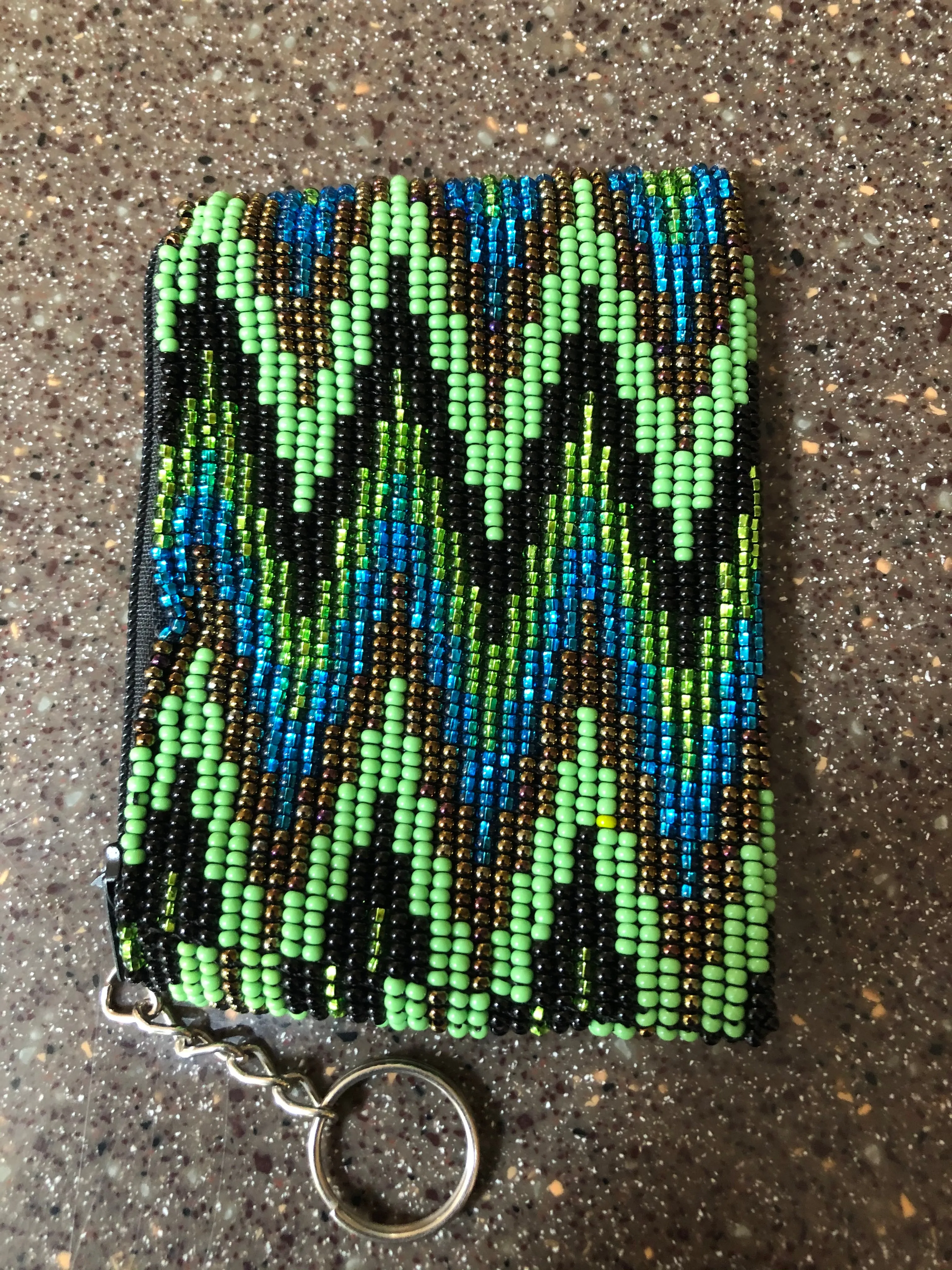 Guatemalan handcrafted glass beadwork change purse with key ring. 4” x 3”. SALE!!!