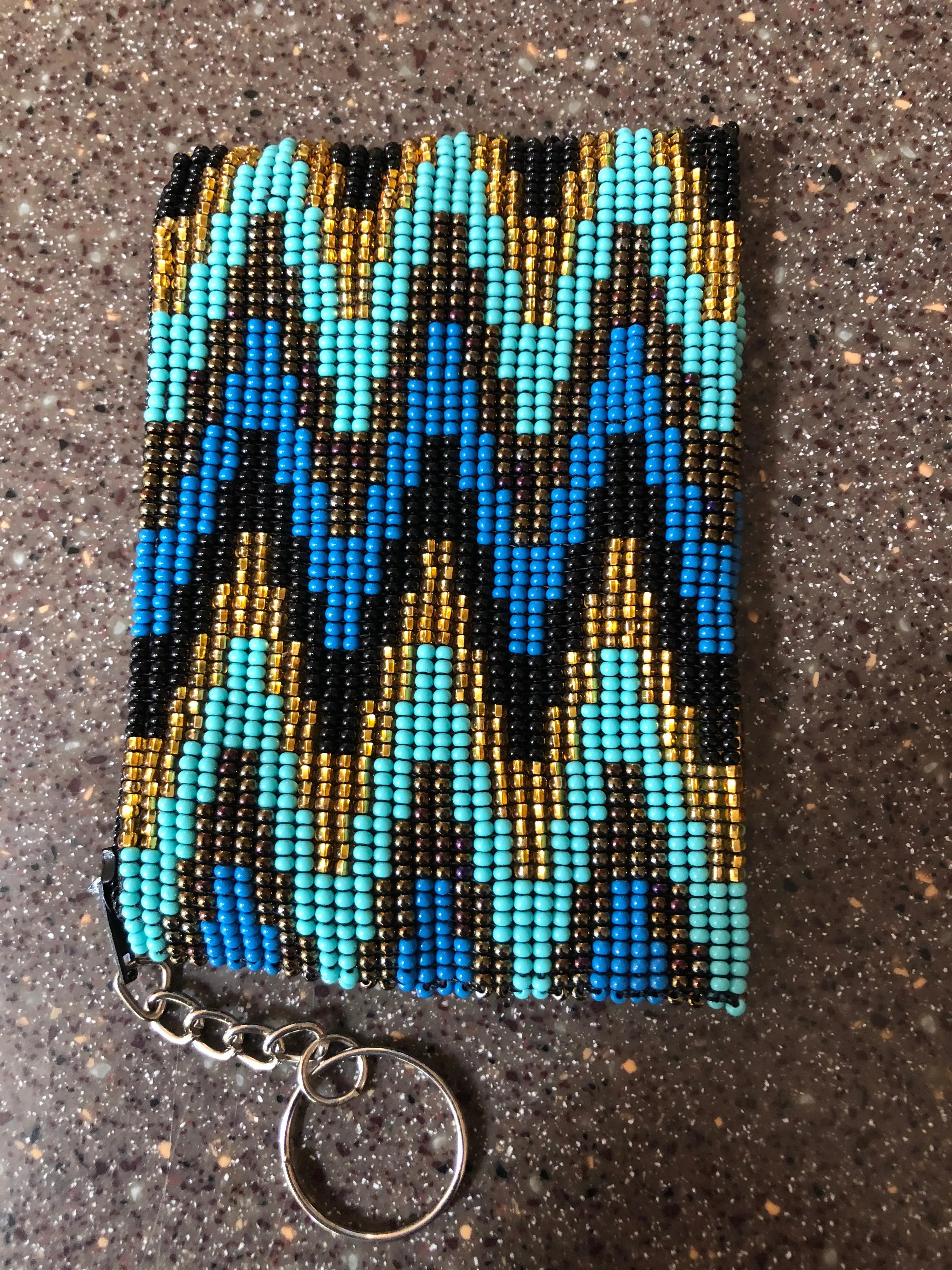 Guatemalan handcrafted glass beadwork change purse with key ring. 4” x 3”. SALE!!!