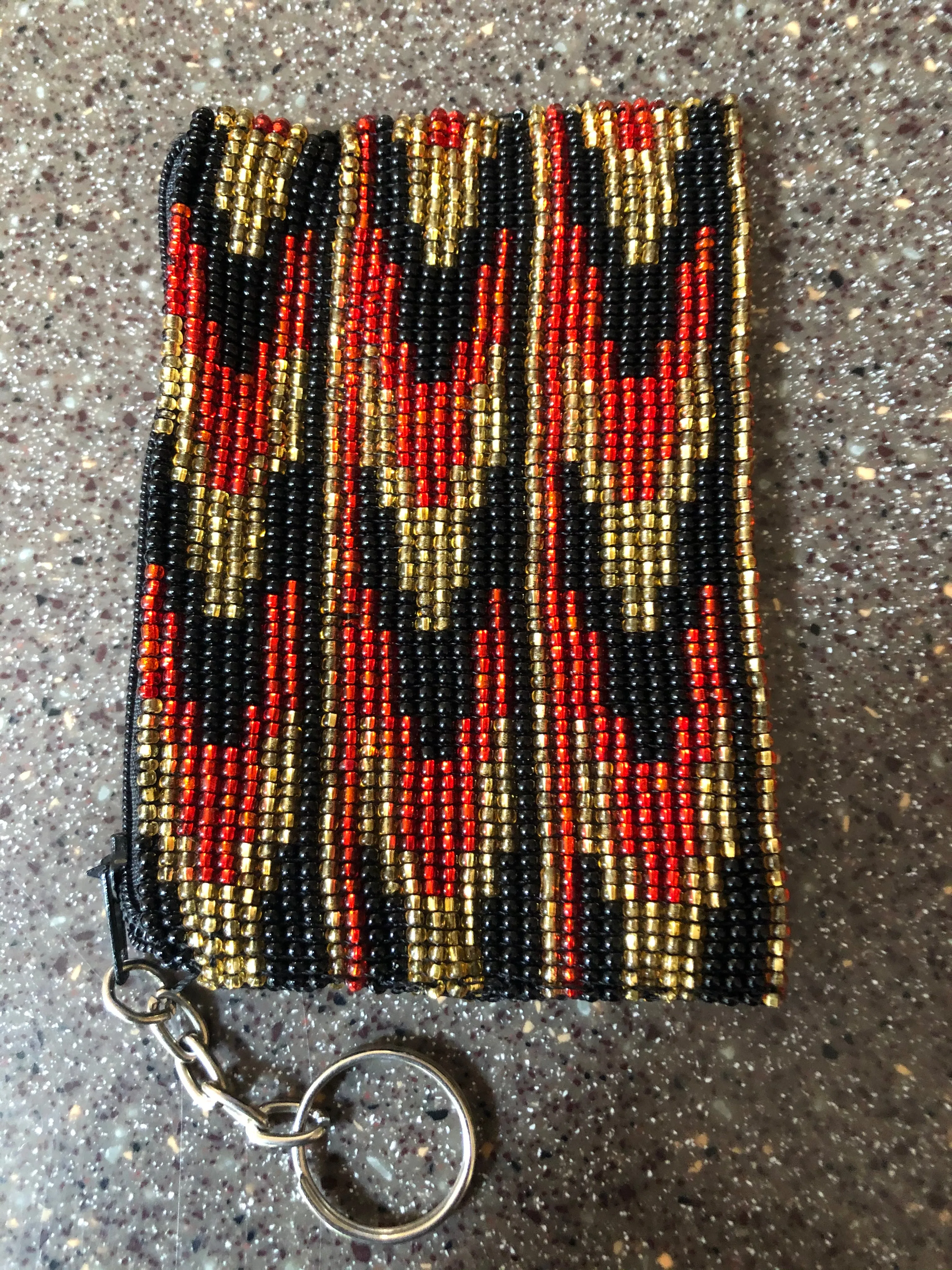 Guatemalan handcrafted glass beadwork change purse with key ring. 4” x 3”. SALE!!!