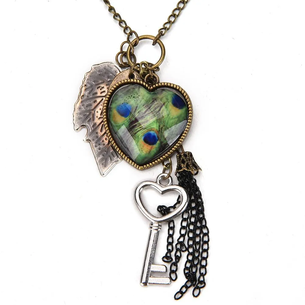 Heart Leaf Leaves Vintage Long Sweater Chain Key Peacock Pendant Tassel Necklace  SM6