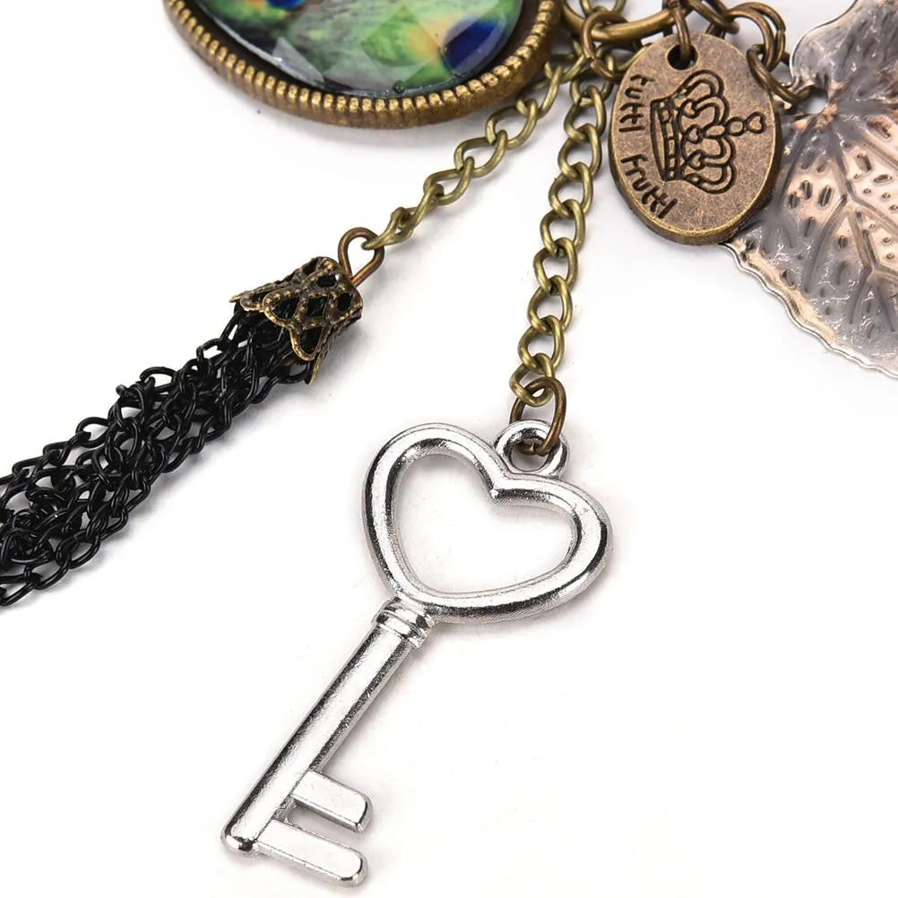 Heart Leaf Leaves Vintage Long Sweater Chain Key Peacock Pendant Tassel Necklace  SM6