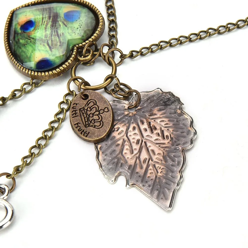 Heart Leaf Leaves Vintage Long Sweater Chain Key Peacock Pendant Tassel Necklace  SM6