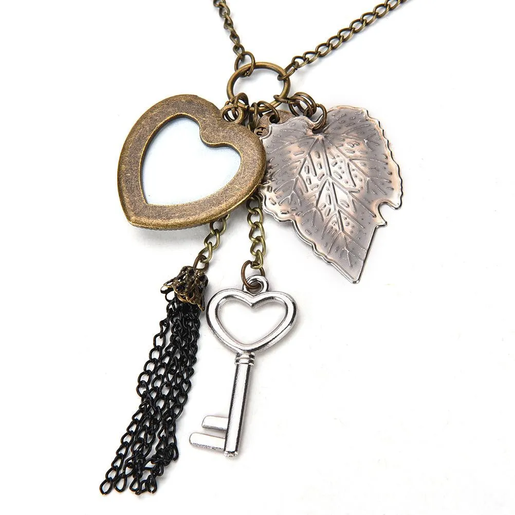 Heart Leaf Leaves Vintage Long Sweater Chain Key Peacock Pendant Tassel Necklace  SM6