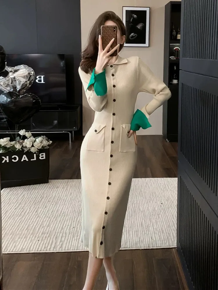 High-end and super good-looking knitted dress for women in autumn and winter, slim and temperament, French style inner layer, lo