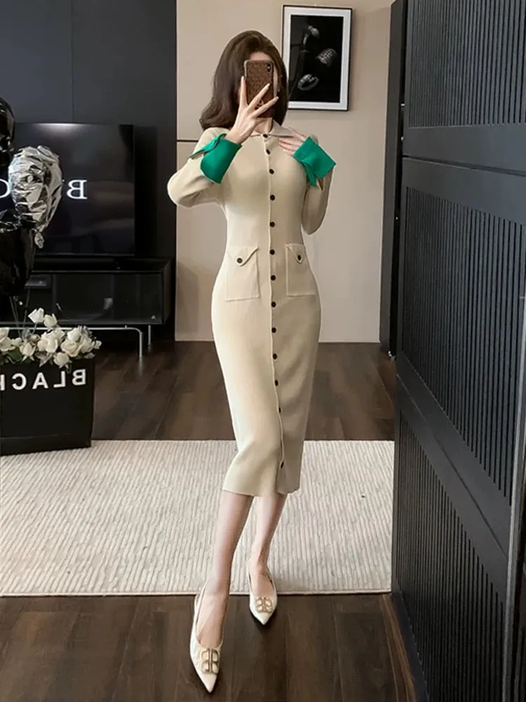 High-end and super good-looking knitted dress for women in autumn and winter, slim and temperament, French style inner layer, lo