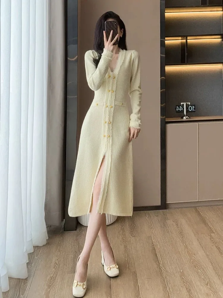 High-end, gentle, long sweater skirt, thickened and elegant, socialite V-neck inner bottoming knitted dress for women in autumn 