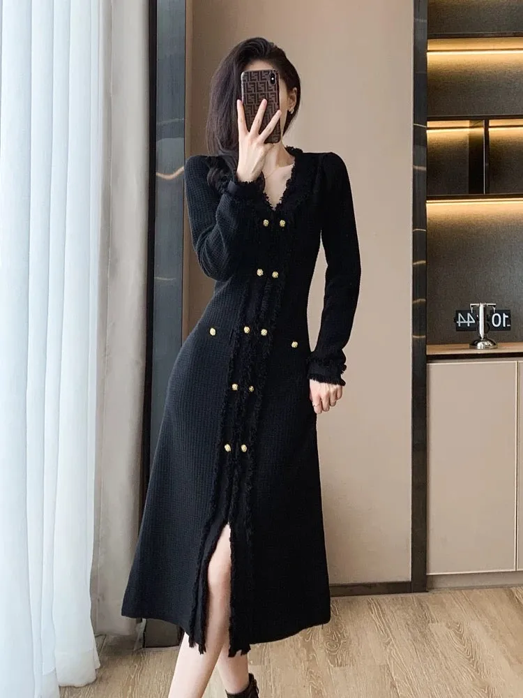 High-end, gentle, long sweater skirt, thickened and elegant, socialite V-neck inner bottoming knitted dress for women in autumn 