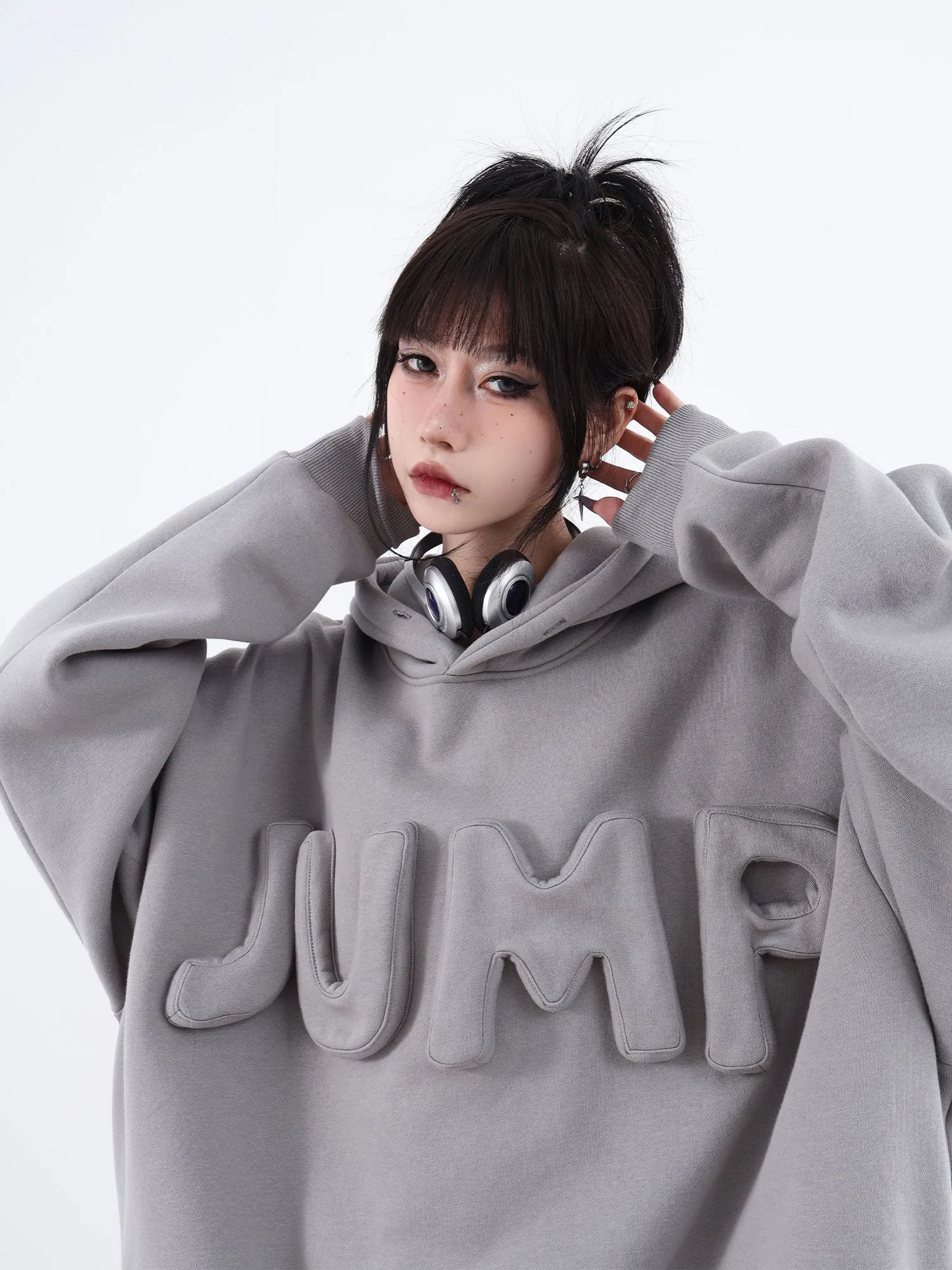 JUMP Gray Three-Dimensional Letter Embroidery Loose Casual Hoodie