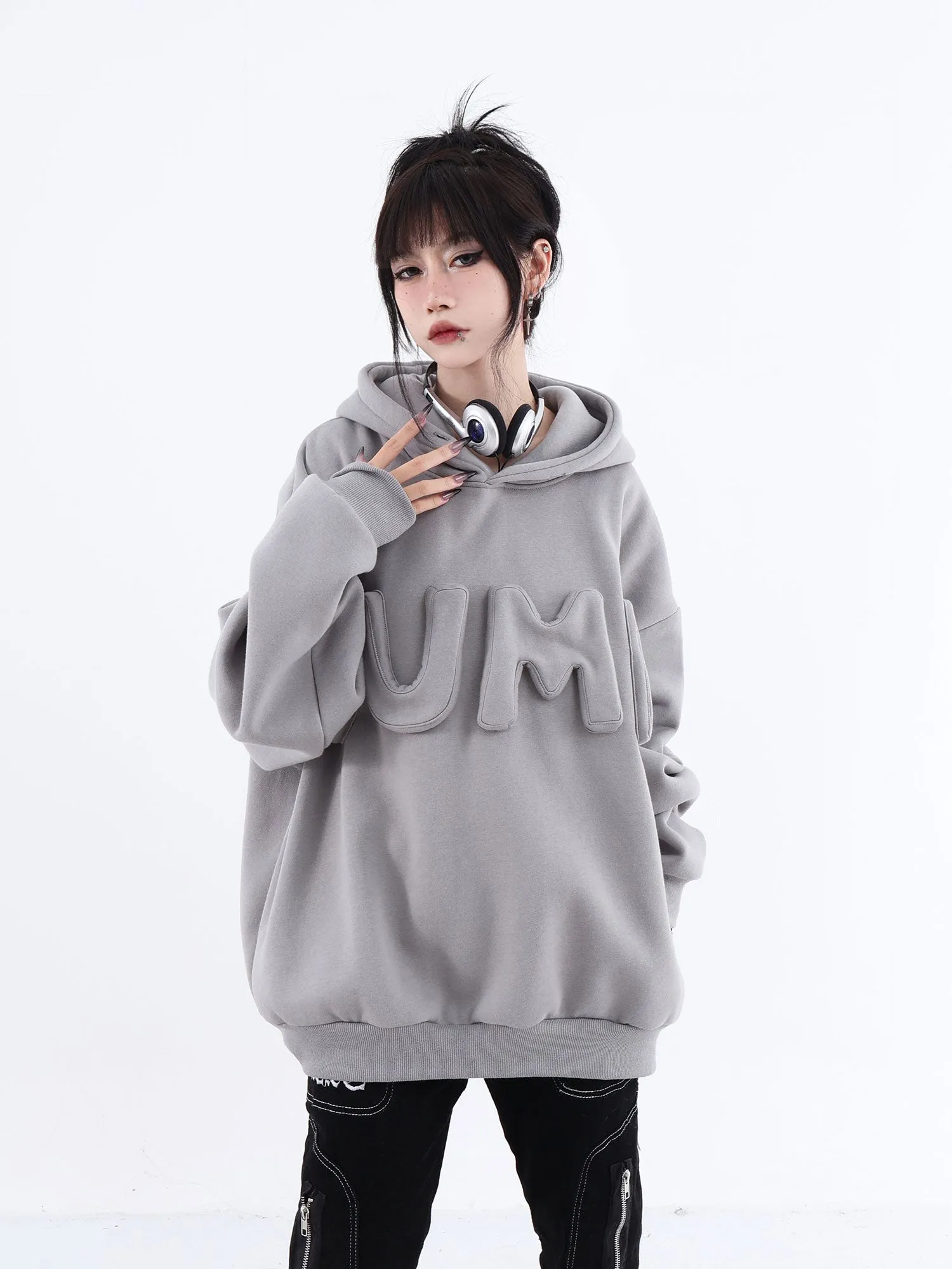 JUMP Gray Three-Dimensional Letter Embroidery Loose Casual Hoodie