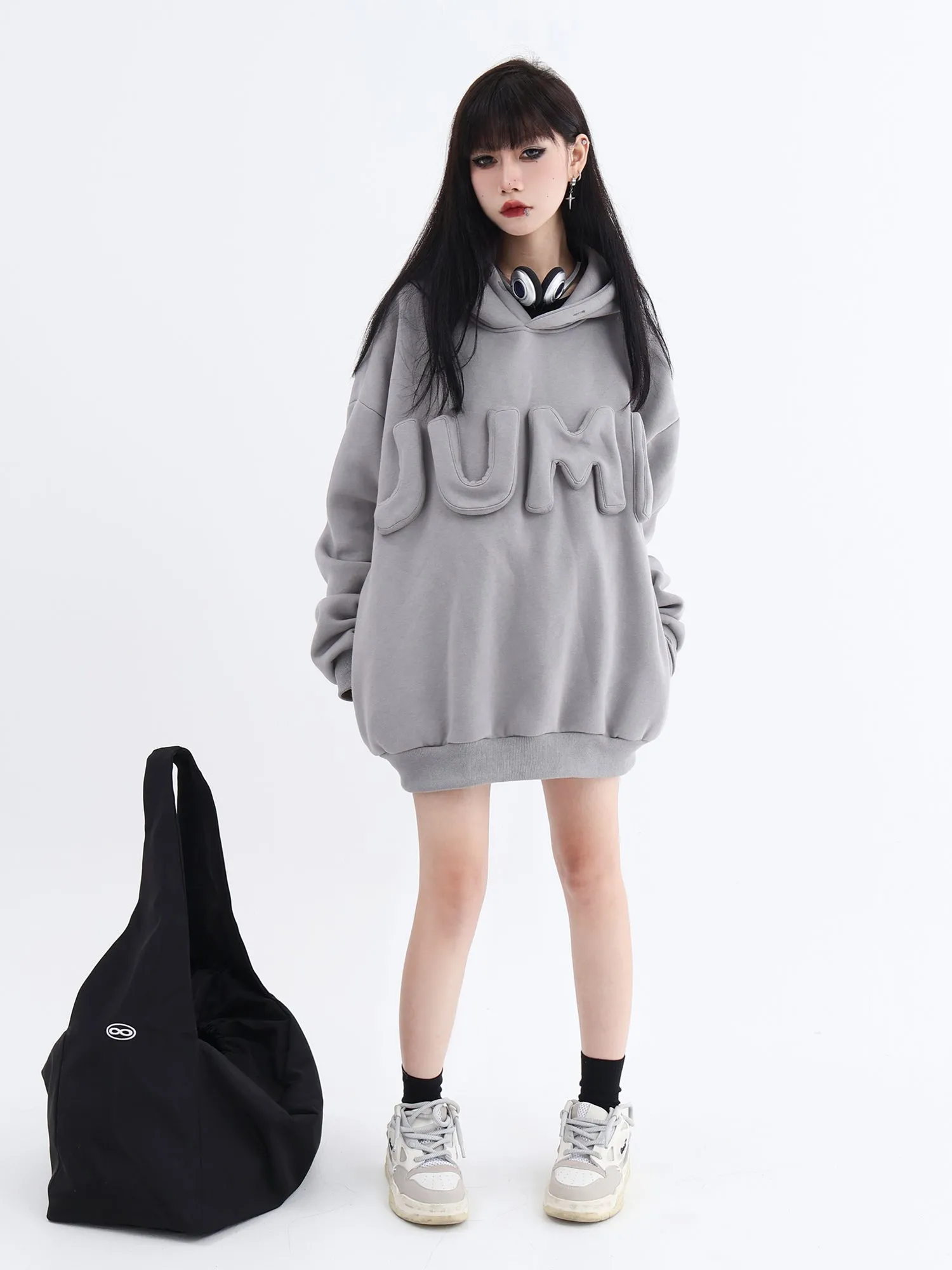 JUMP Gray Three-Dimensional Letter Embroidery Loose Casual Hoodie