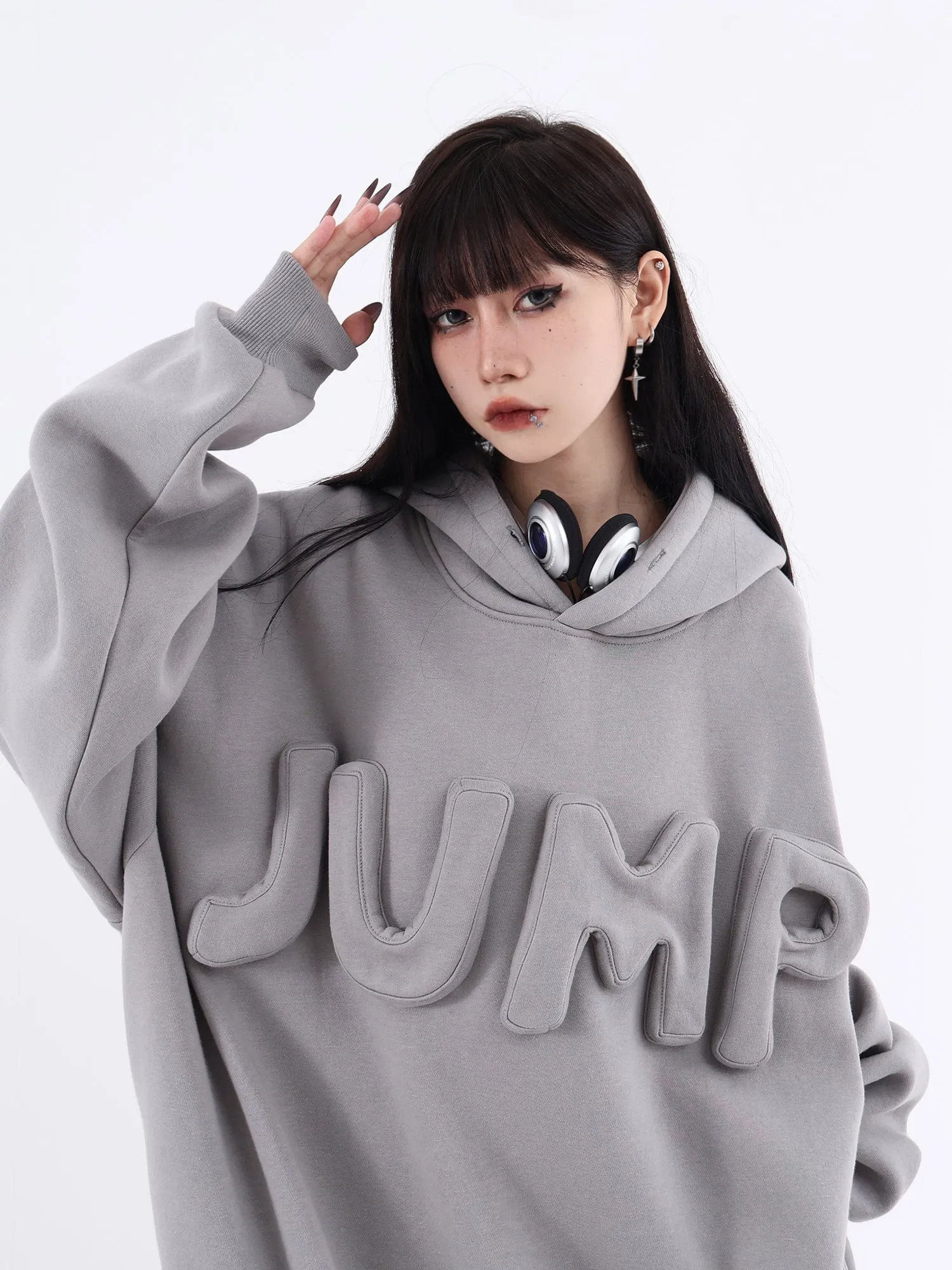 JUMP Gray Three-Dimensional Letter Embroidery Loose Casual Hoodie