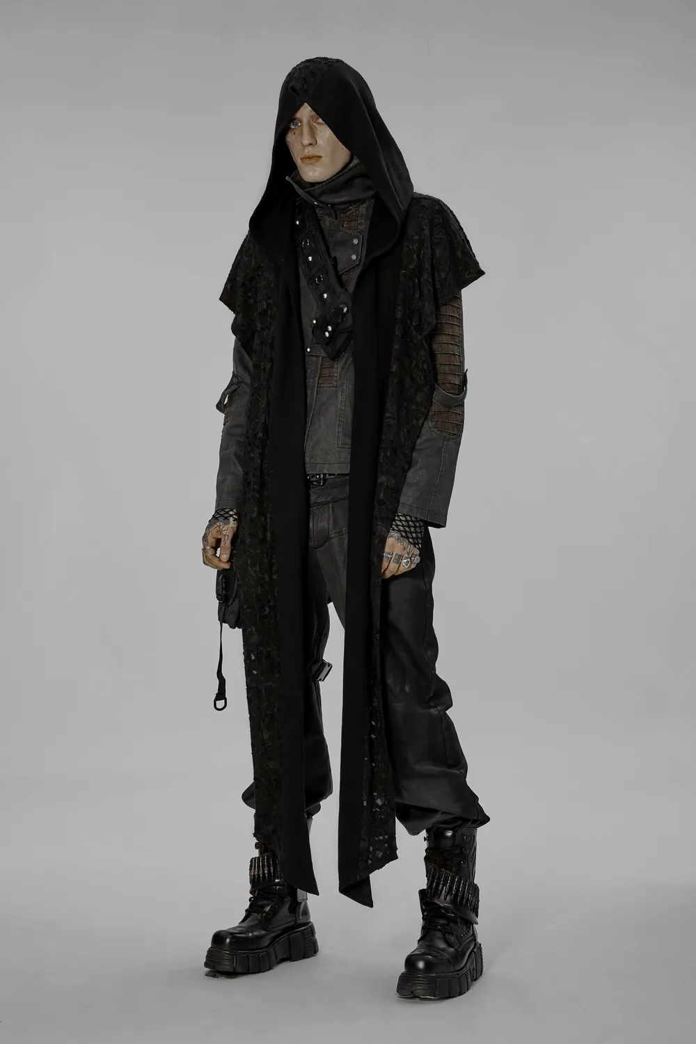 Male Deconstructed Knit Hooded Cape with Long Scarf