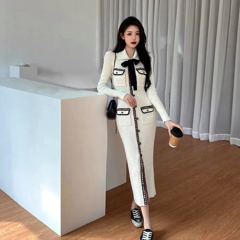 Meng Ziyi's same style French style slim fit white high-end bow knitted dress long sweater skirt D9190