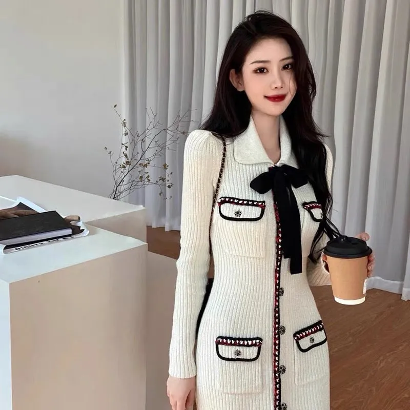 Meng Ziyi's same style French style slim fit white high-end bow knitted dress long sweater skirt D9190