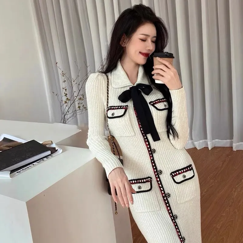 Meng Ziyi's same style French style slim fit white high-end bow knitted dress long sweater skirt D9190