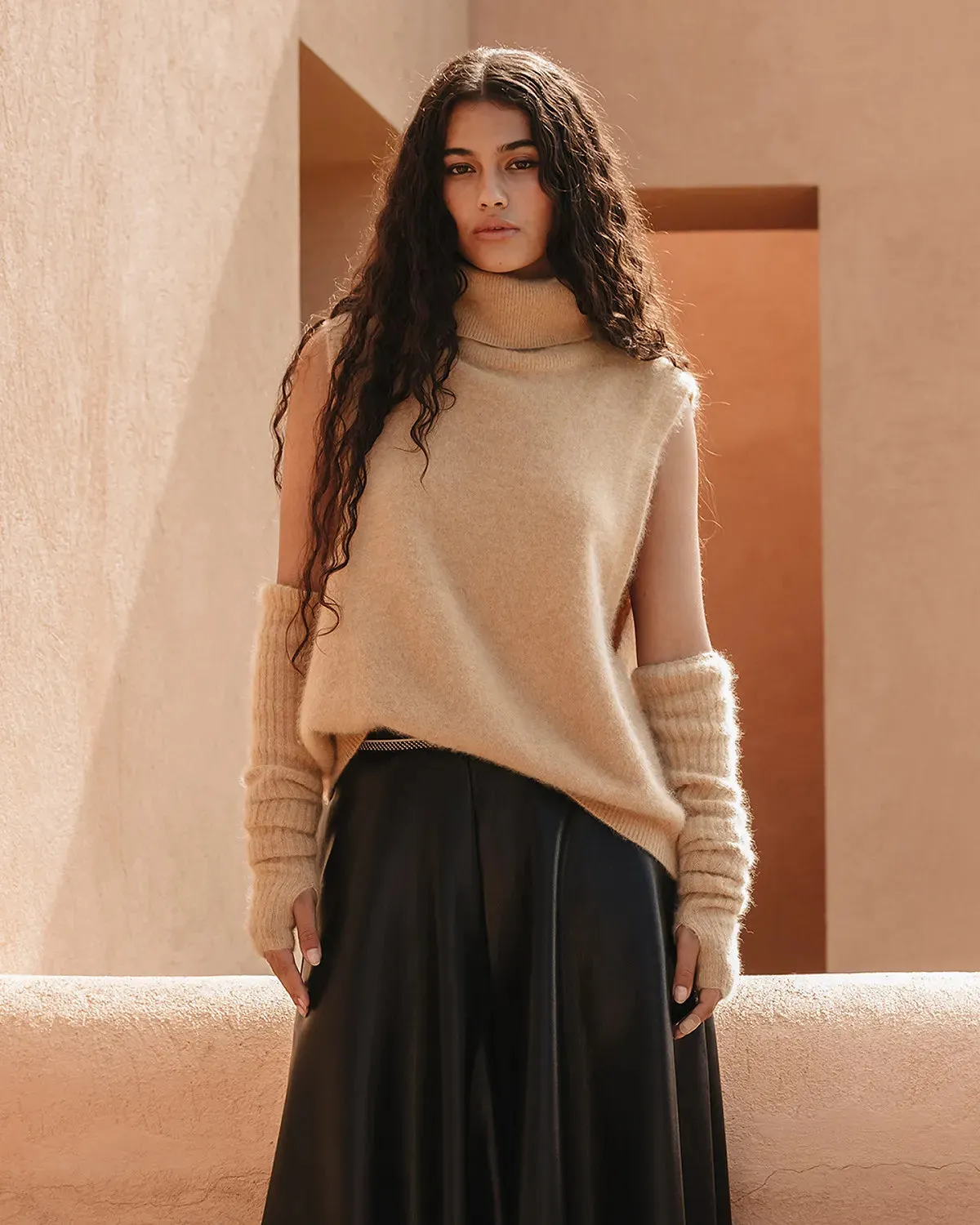 Mes Demoiselle RANA Wool Sleeveless Turtleneck Sweater in Camel 