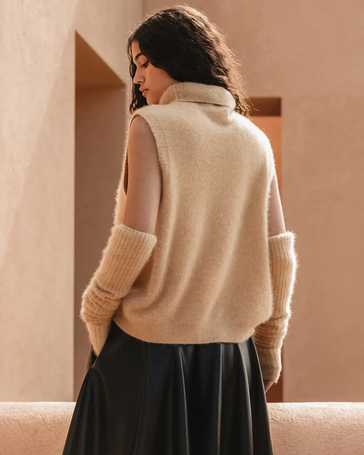 Mes Demoiselle RANA Wool Sleeveless Turtleneck Sweater in Camel 