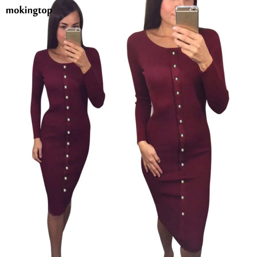 mokingtop Button Knitted Dress Long Sleeve Sweater Warm Dress Women Autumn Winter Dress Vestido Largo#A11 SM6