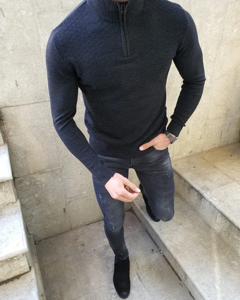 Natisk Black Slim Fit Zipper Mock Turtleneck Sweater