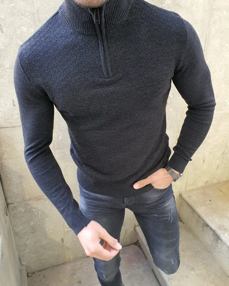 Natisk Black Slim Fit Zipper Mock Turtleneck Sweater