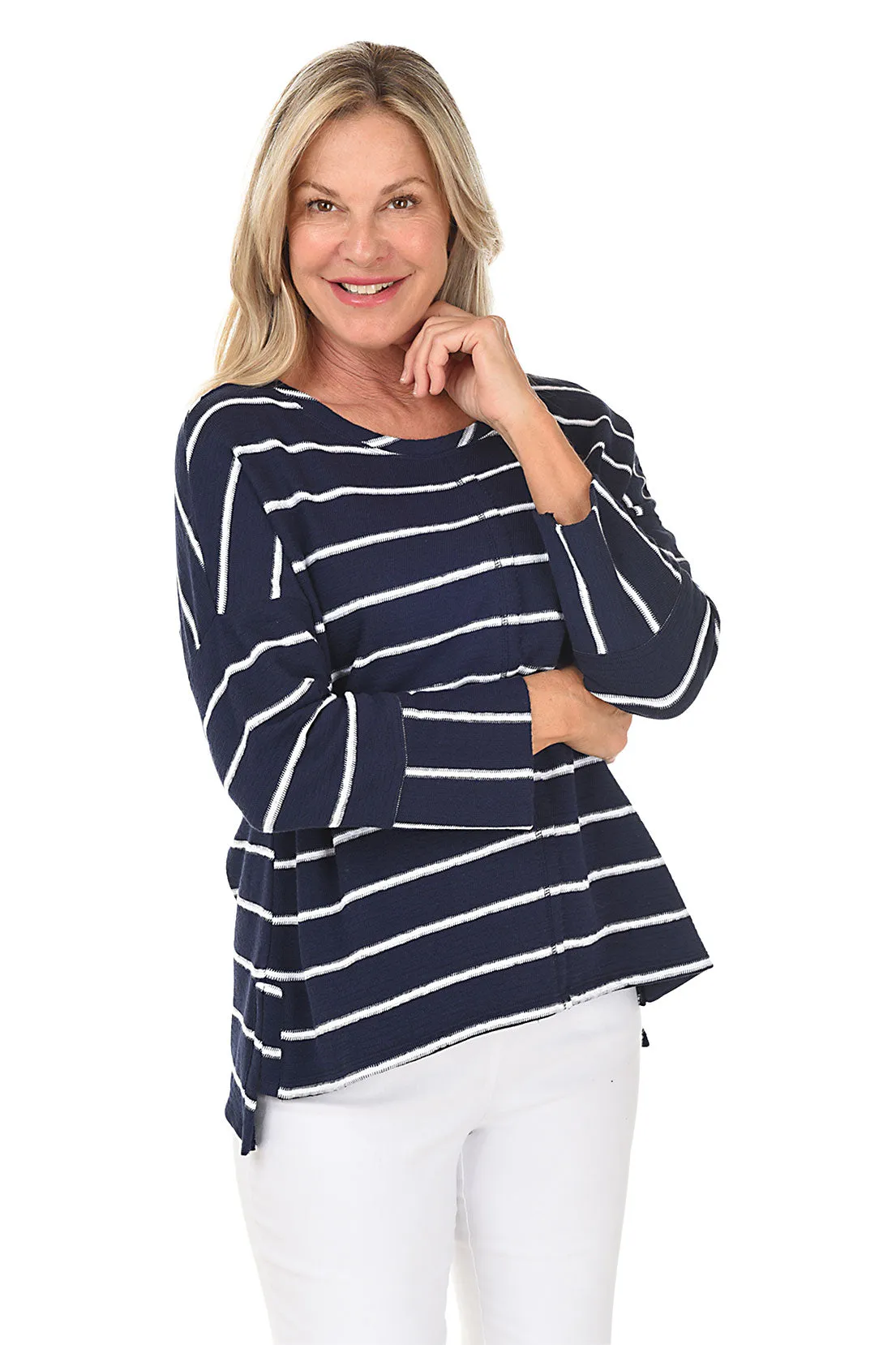 Navy Striped Boxy Crewneck Top