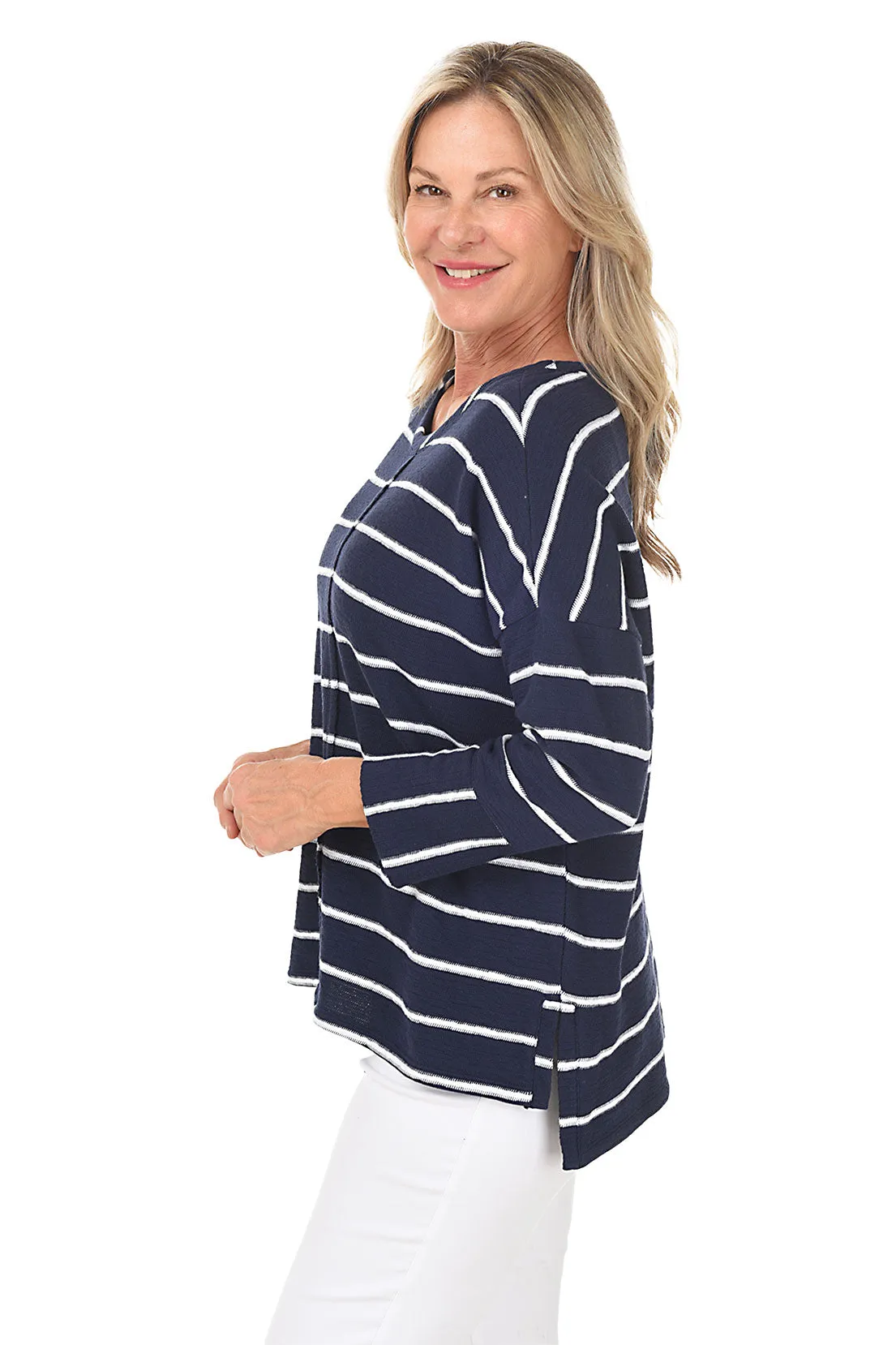 Navy Striped Boxy Crewneck Top