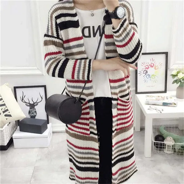 New Winter Cardigans Women Fashion Long Sweater Casual Long Sleeve O-neck Stripped Knitting Woman Sweaters 71697 GS