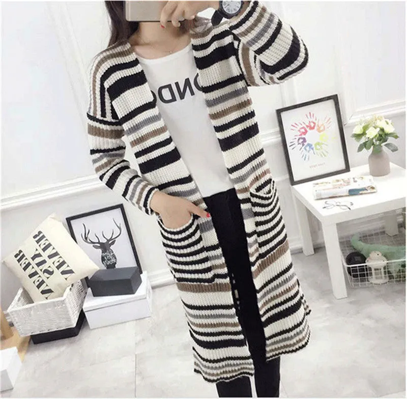 New Winter Cardigans Women Fashion Long Sweater Casual Long Sleeve O-neck Stripped Knitting Woman Sweaters 71697 GS