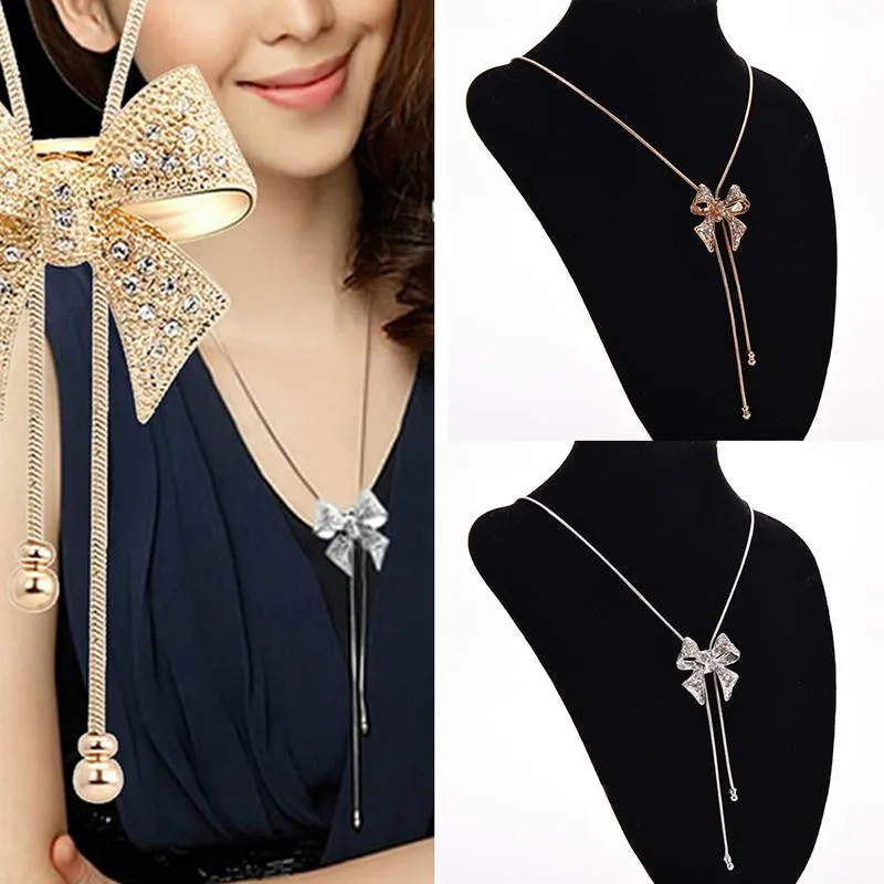 Noble Alloy Rhinestone Bow Necklace Long Sweater Chain Pendant Necklace SM6