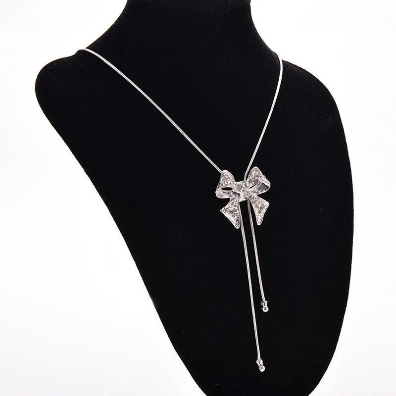 Noble Alloy Rhinestone Bow Necklace Long Sweater Chain Pendant Necklace SM6