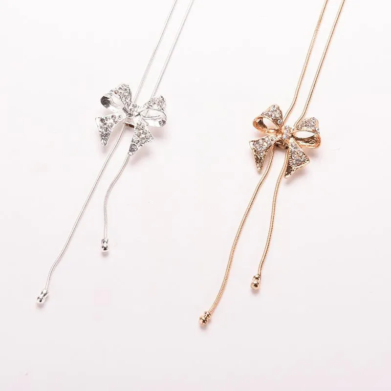 Noble Alloy Rhinestone Bow Necklace Long Sweater Chain Pendant Necklace SM6