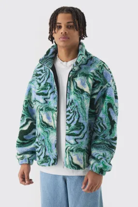 Oversized Printed Borg Fleece Jacket In Blue