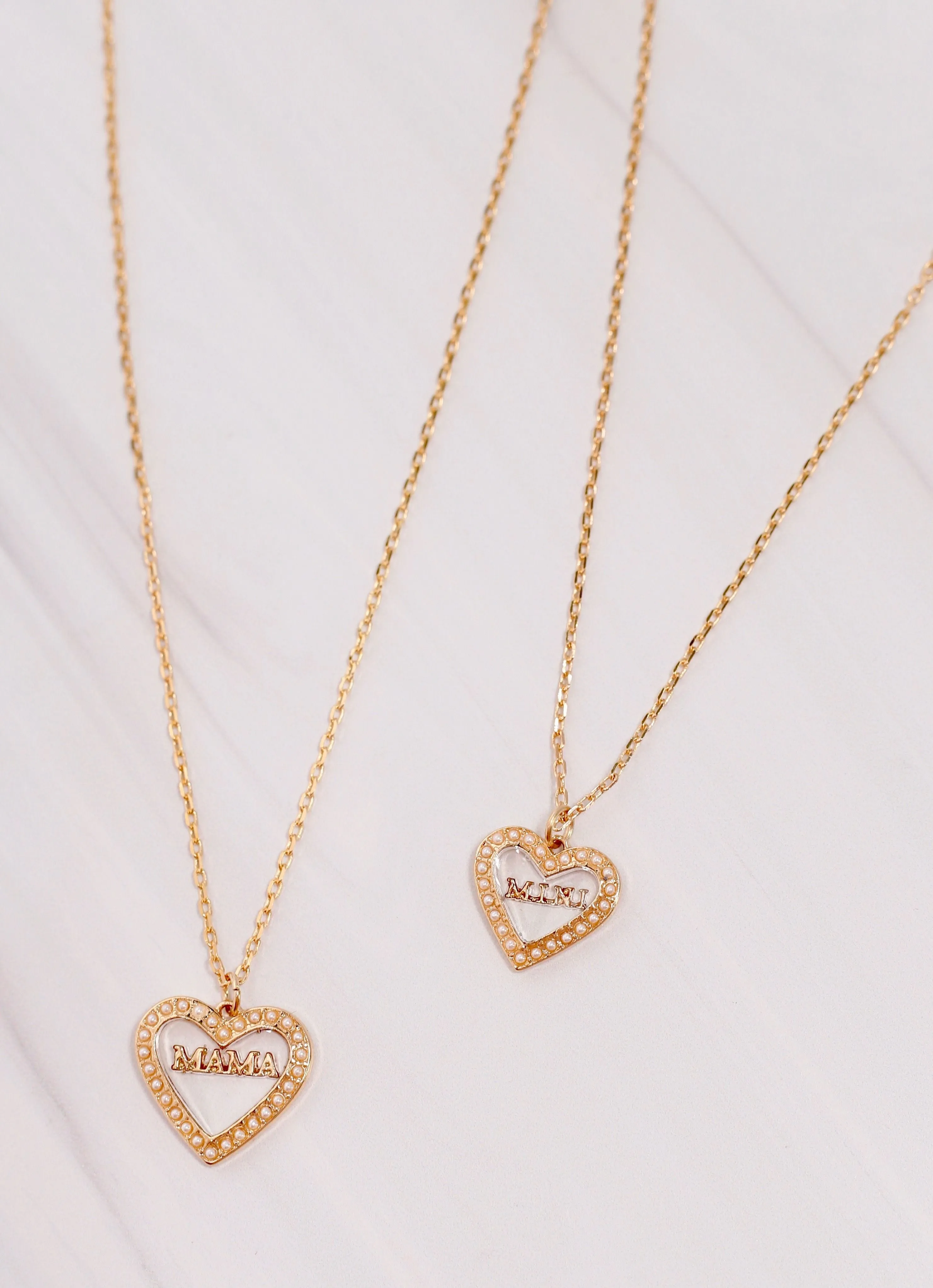 Pearl Lined Heart Mama & Mini Heart Necklace Set GOLD