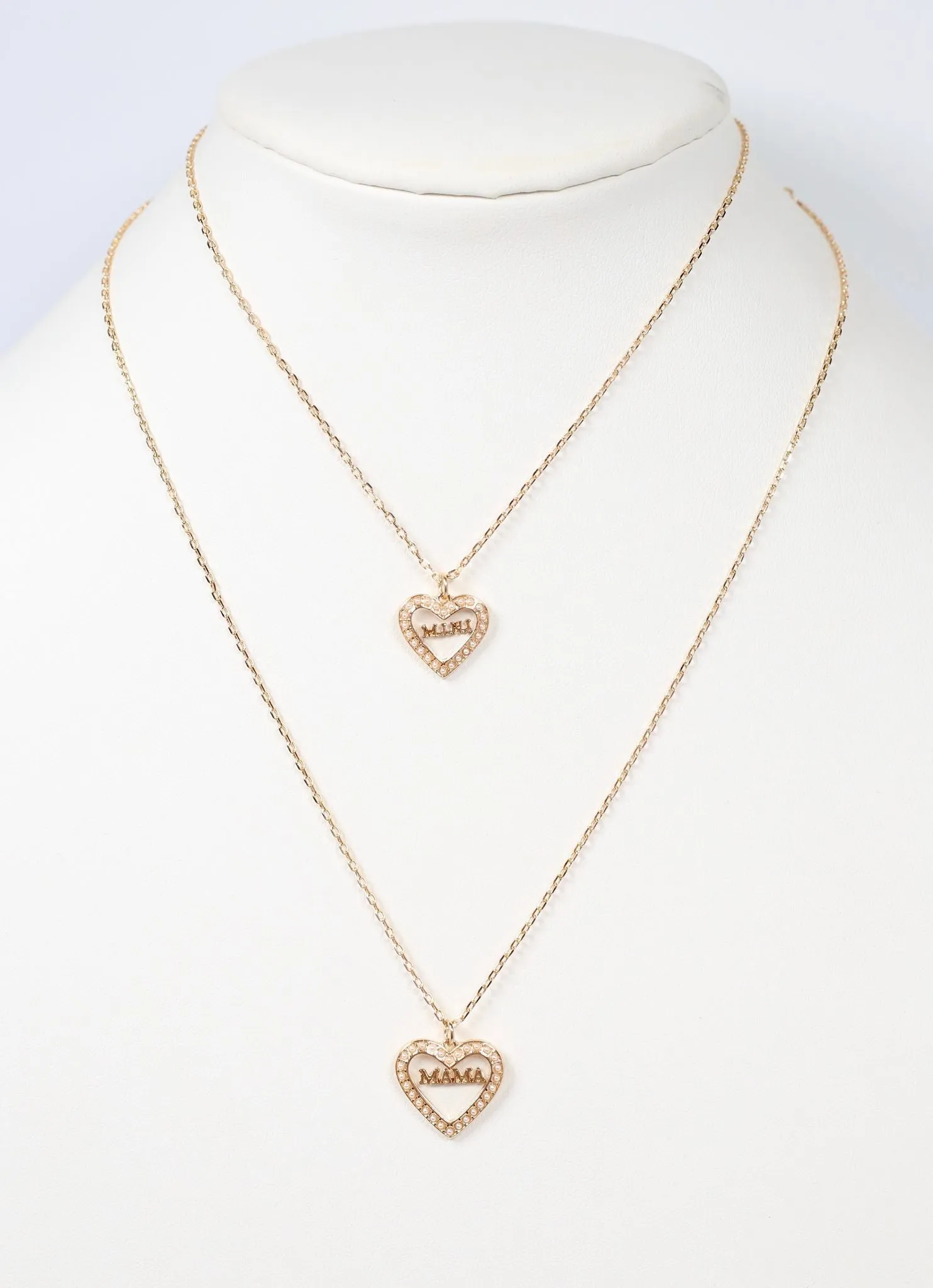 Pearl Lined Heart Mama & Mini Heart Necklace Set GOLD