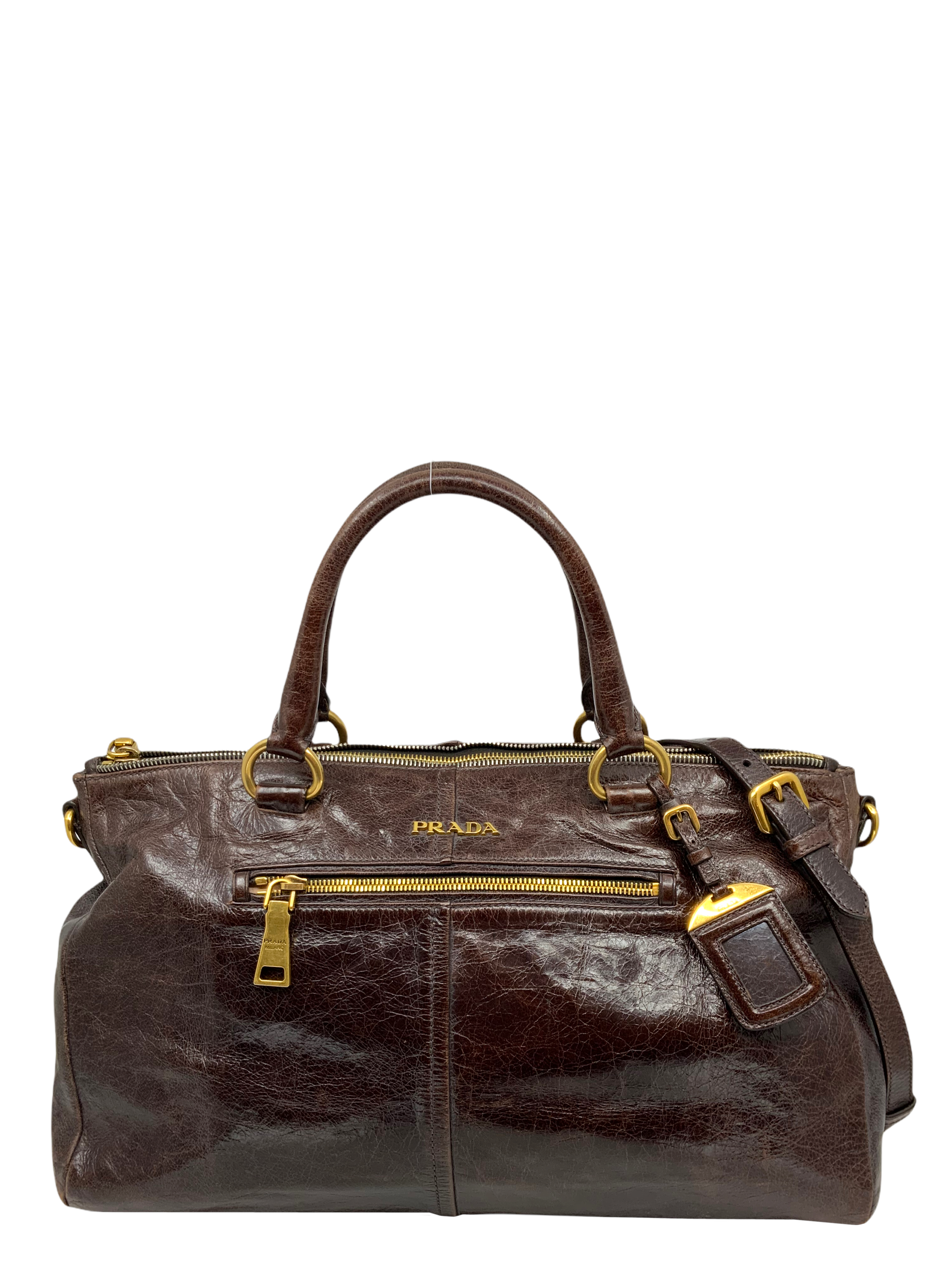 Prada Glazed Leather Front Zip Satchel with Strap