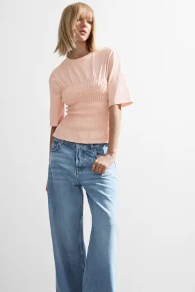 Smocked Crewneck Top - Crew-neck - Short sleeve - Peach - Ladies | H&M GB