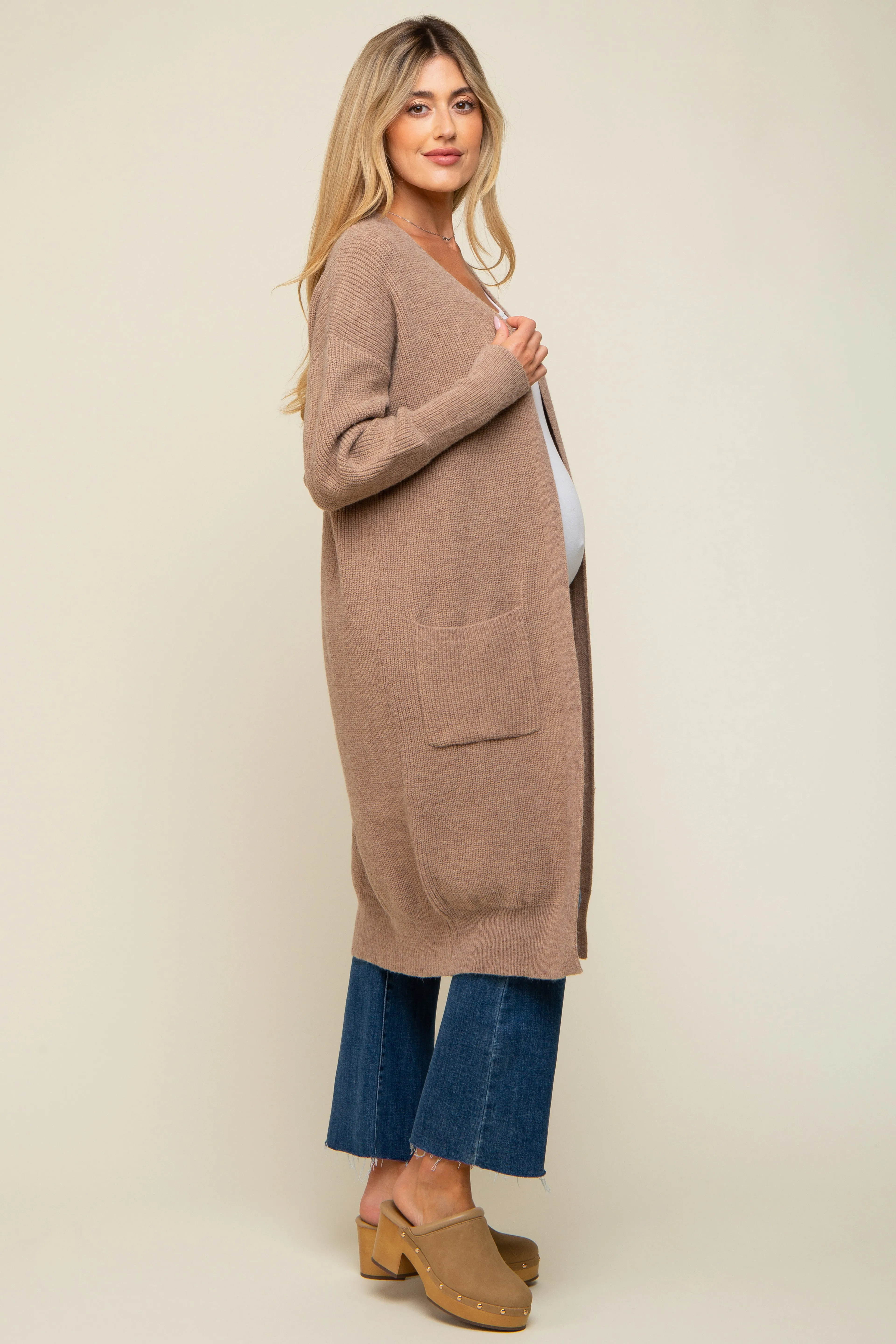 Taupe Chunky Knit Long Sweater Maternity Cardigan