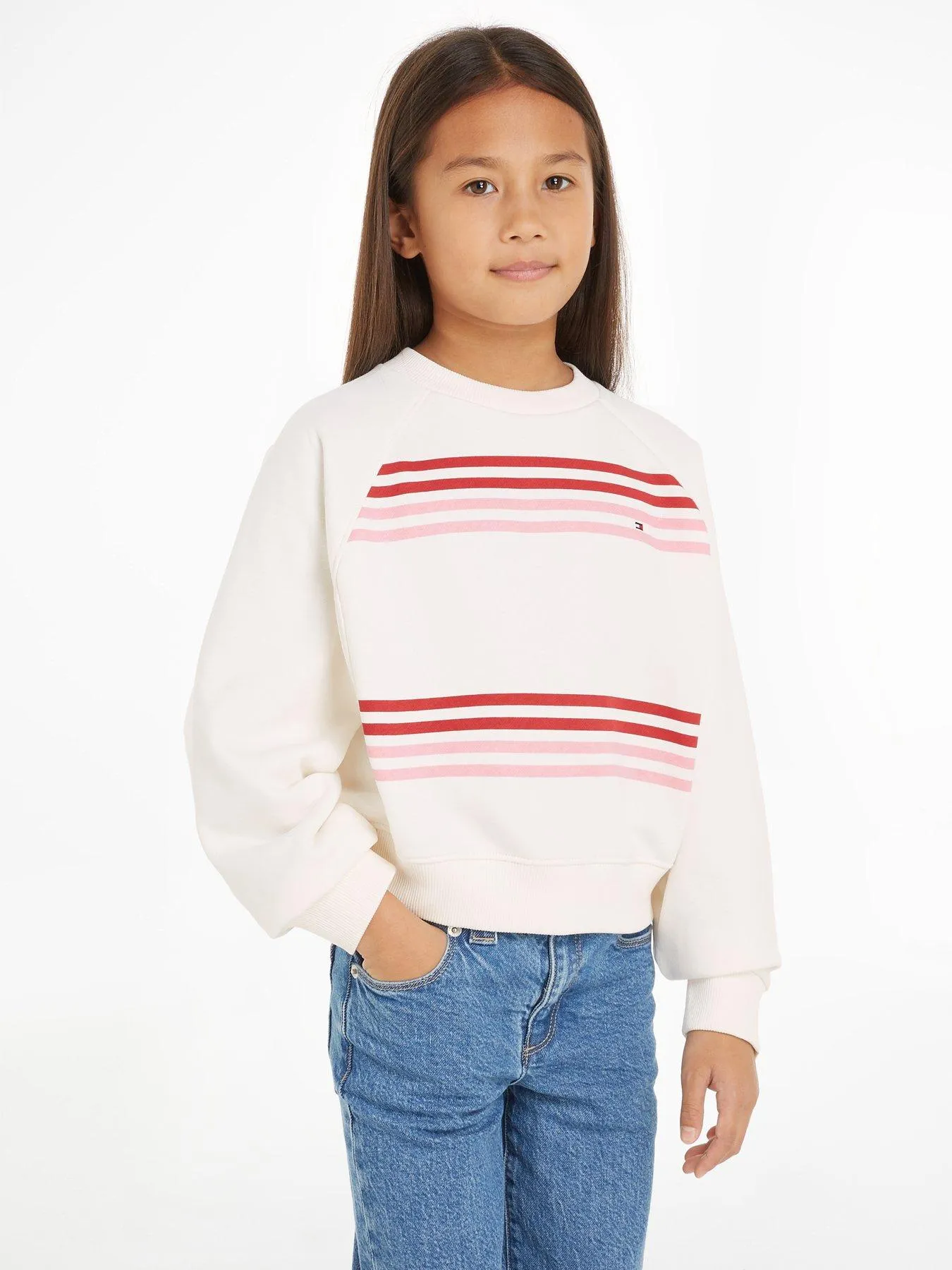 Tommy Hilfiger Girls Monotype Stripe Crewneck Top - White