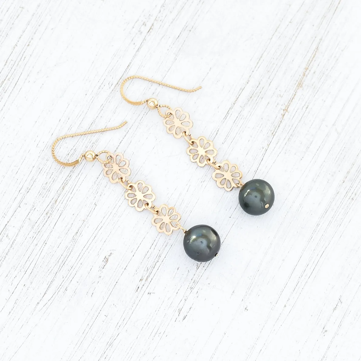 Triple Tiare Dangling Earrings with Tahitian Pearls