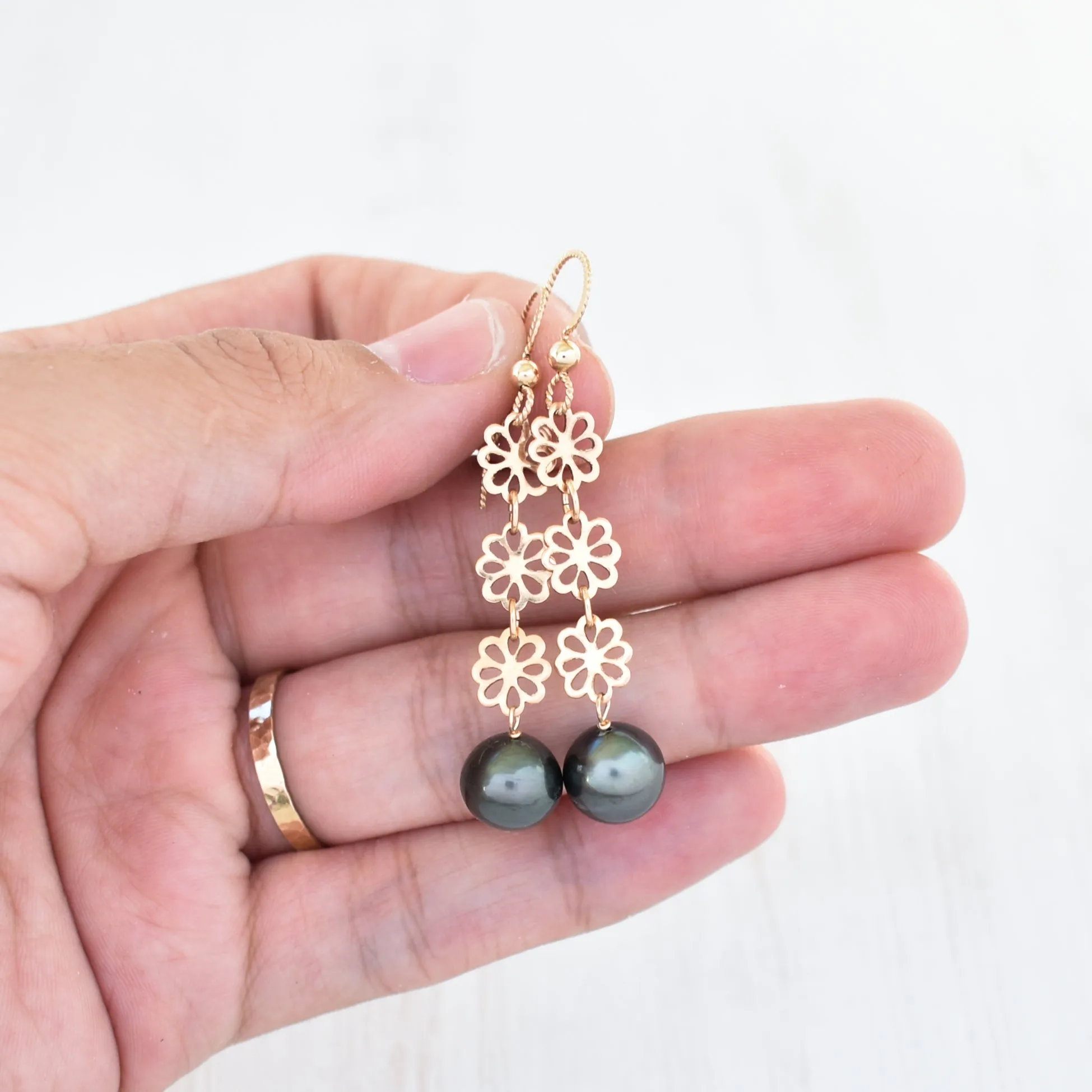 Triple Tiare Dangling Earrings with Tahitian Pearls