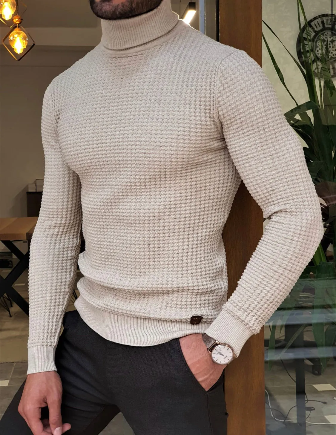 Turino Beige Slim Fit Turtleneck Sweater