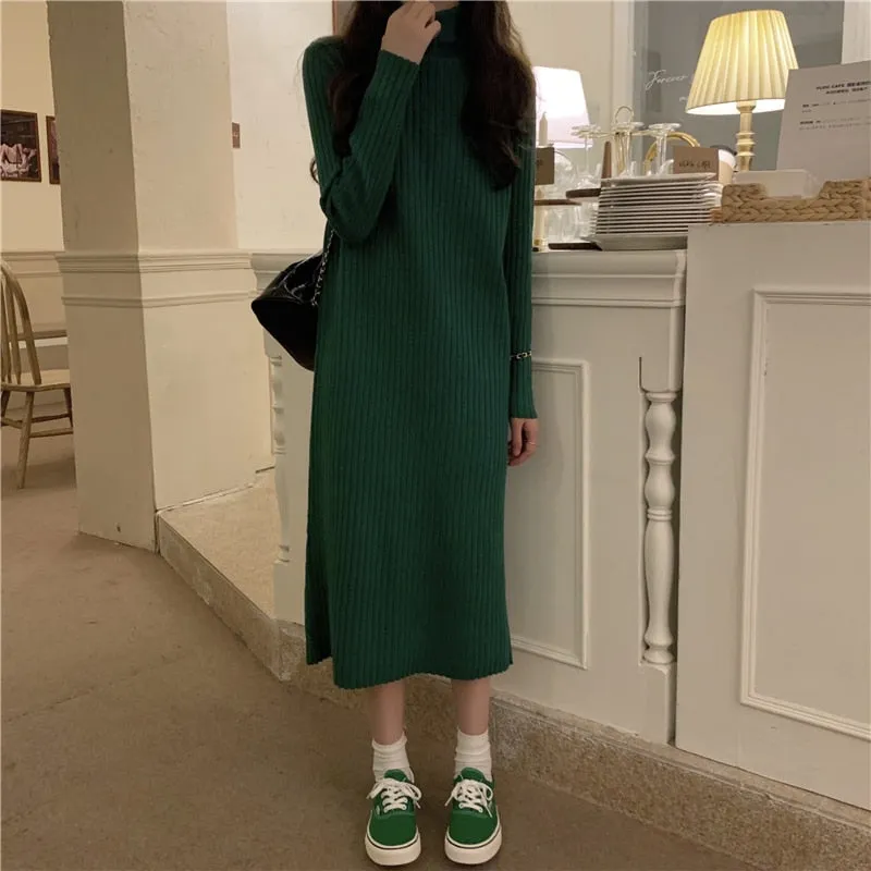 Turtleneck Full Sleeve Oversized Knit Dress Female 2021 Winter Vestidos Casual Thick Twisted Women Long Sweater Dress