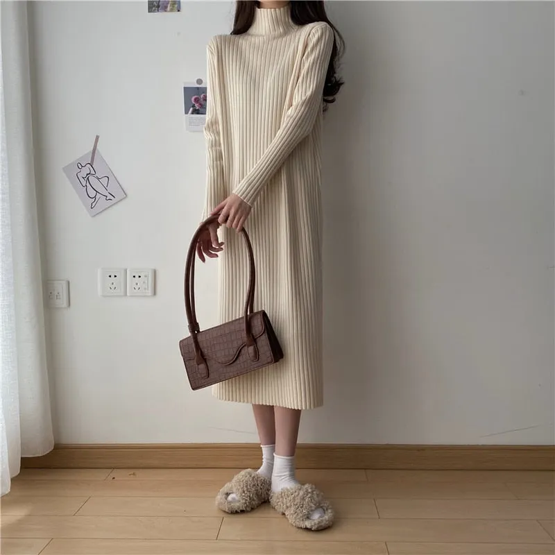 Turtleneck Full Sleeve Oversized Knit Dress Female 2021 Winter Vestidos Casual Thick Twisted Women Long Sweater Dress