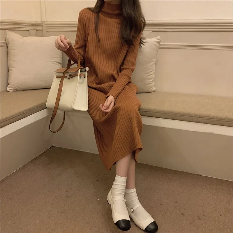 Turtleneck Full Sleeve Oversized Knit Dress Female 2021 Winter Vestidos Casual Thick Twisted Women Long Sweater Dress