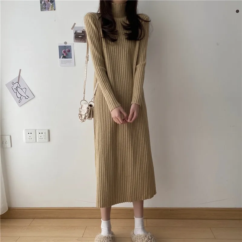 Turtleneck Full Sleeve Oversized Knit Dress Female 2021 Winter Vestidos Casual Thick Twisted Women Long Sweater Dress