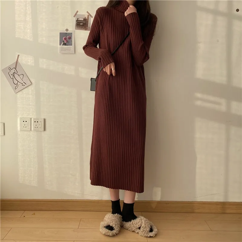 Turtleneck Full Sleeve Oversized Knit Dress Female 2021 Winter Vestidos Casual Thick Twisted Women Long Sweater Dress