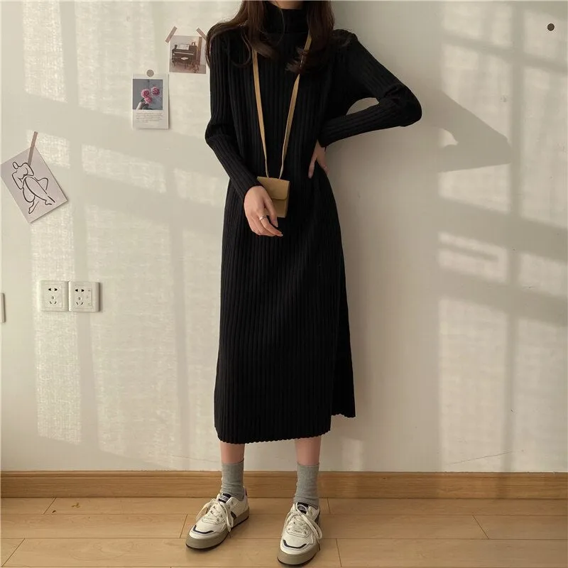 Turtleneck Full Sleeve Oversized Knit Dress Female 2021 Winter Vestidos Casual Thick Twisted Women Long Sweater Dress