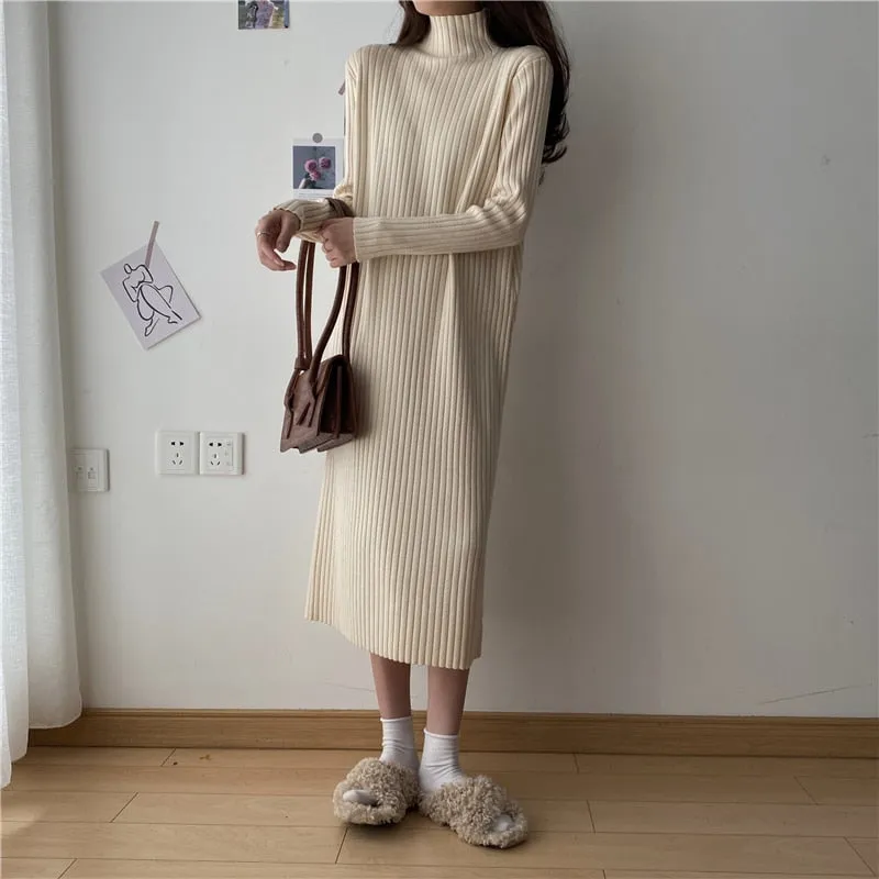 Turtleneck Full Sleeve Oversized Knit Dress Female 2021 Winter Vestidos Casual Thick Twisted Women Long Sweater Dress