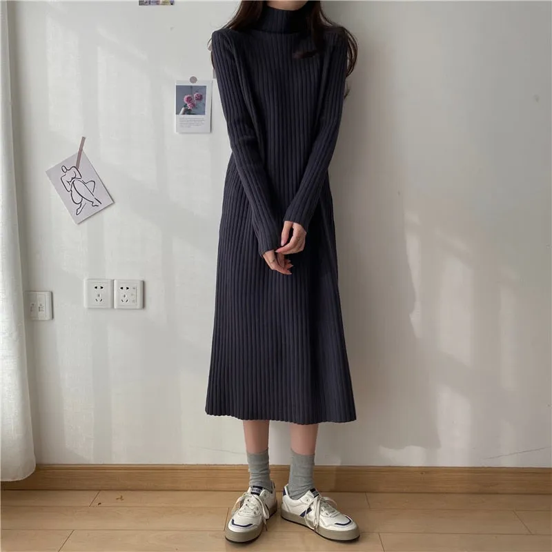 Turtleneck Full Sleeve Oversized Knit Dress Female 2021 Winter Vestidos Casual Thick Twisted Women Long Sweater Dress