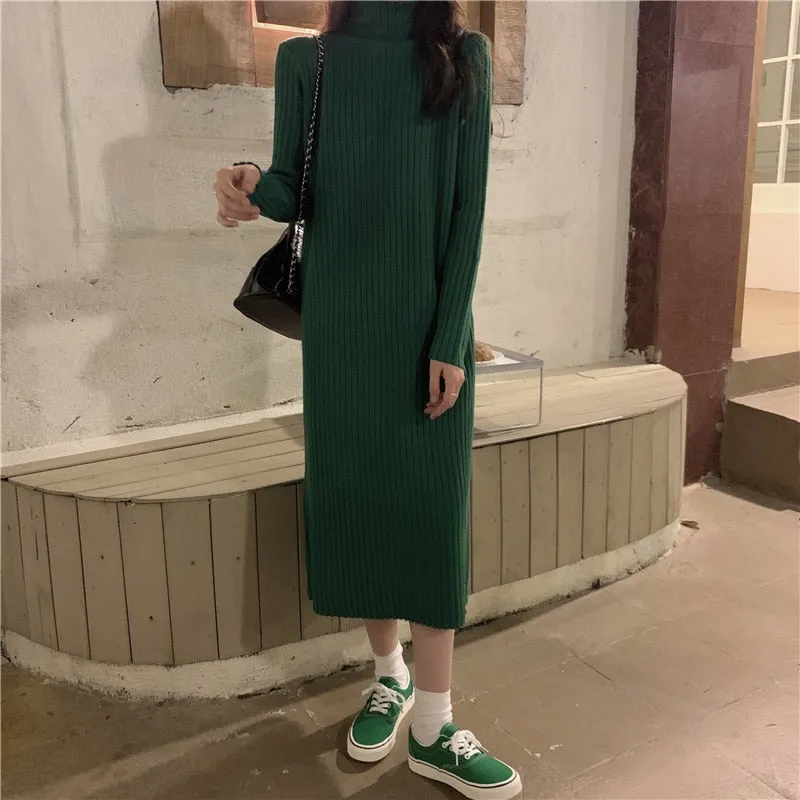 Turtleneck Full Sleeve Oversized Knit Dress Female 2021 Winter Vestidos Casual Thick Twisted Women Long Sweater Dress